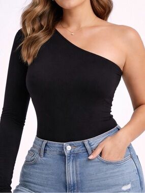 Nylon Apparel One Shoulder Bodysuit Black Long Sleeve women’s Size S USA (A445)✨
